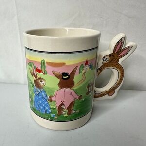 Vintage Rabbit Couple Ceramic Mug with Figural Bunny Handle Cream Multicolor
